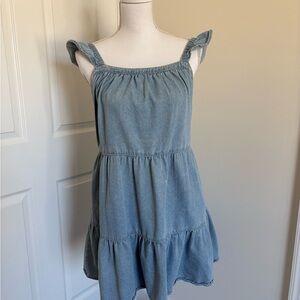 Sleeveless Light Blue Denim Mini Dress with Ruffle Straps